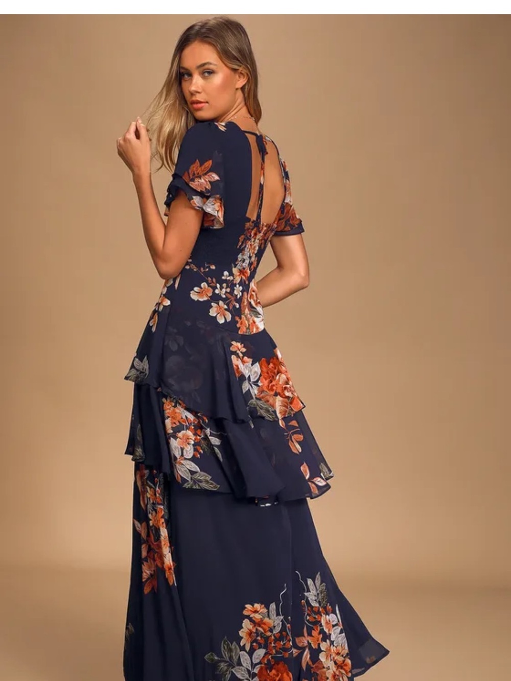 Lulu’s Navy Floral Tiered Maxi Dress with Flutter Sleeves XL - Picture 3 of 8